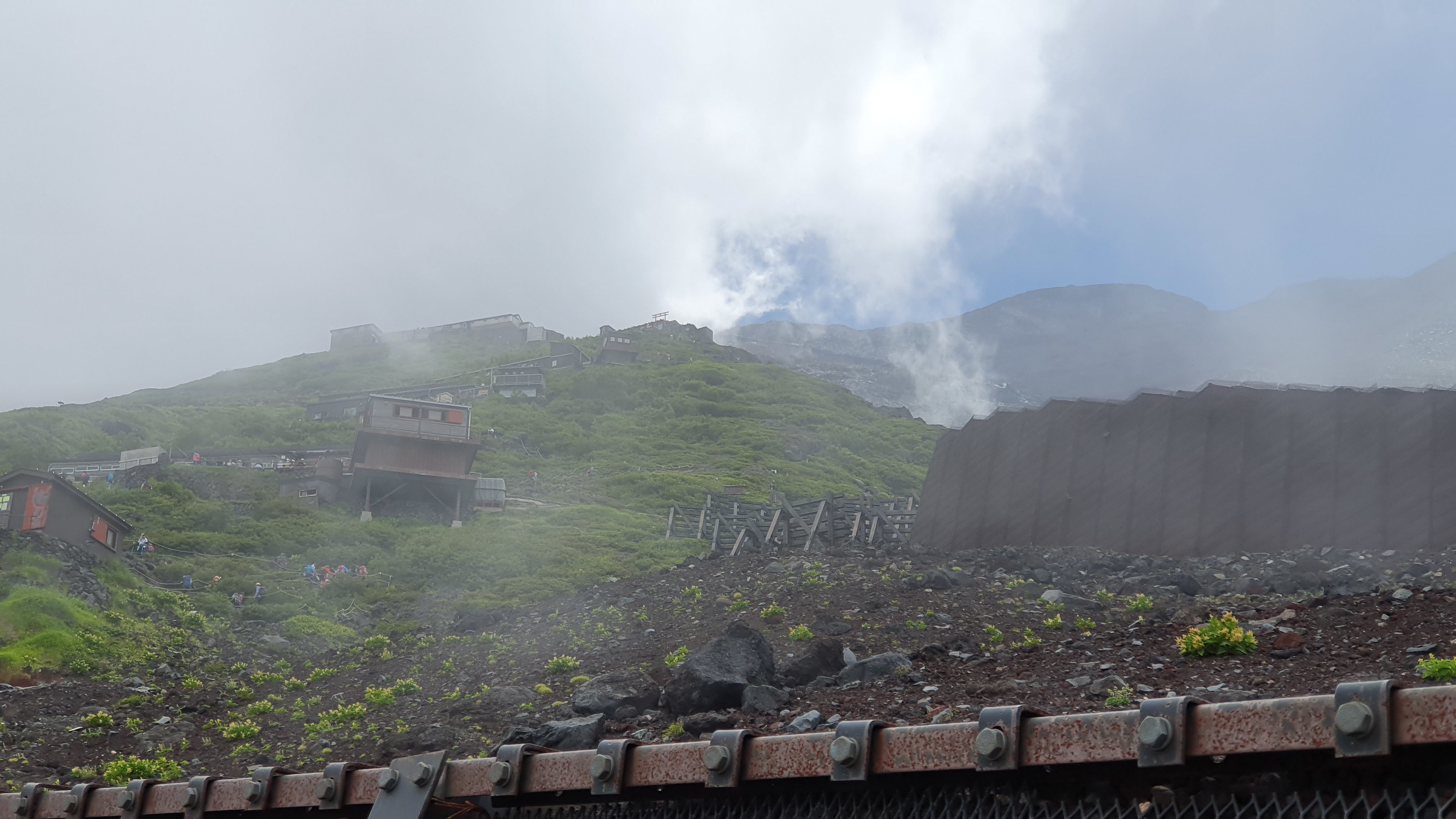 Mountain huts on Mt Fuji on cloudy day