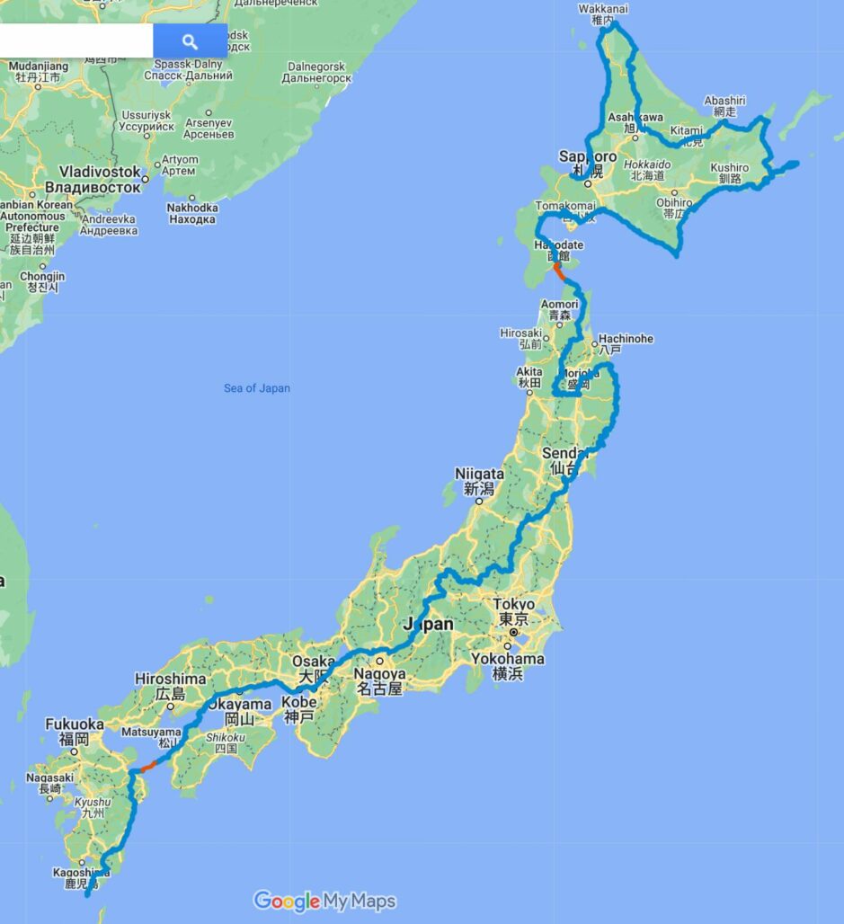GPS map of a person's cycle across Japan.